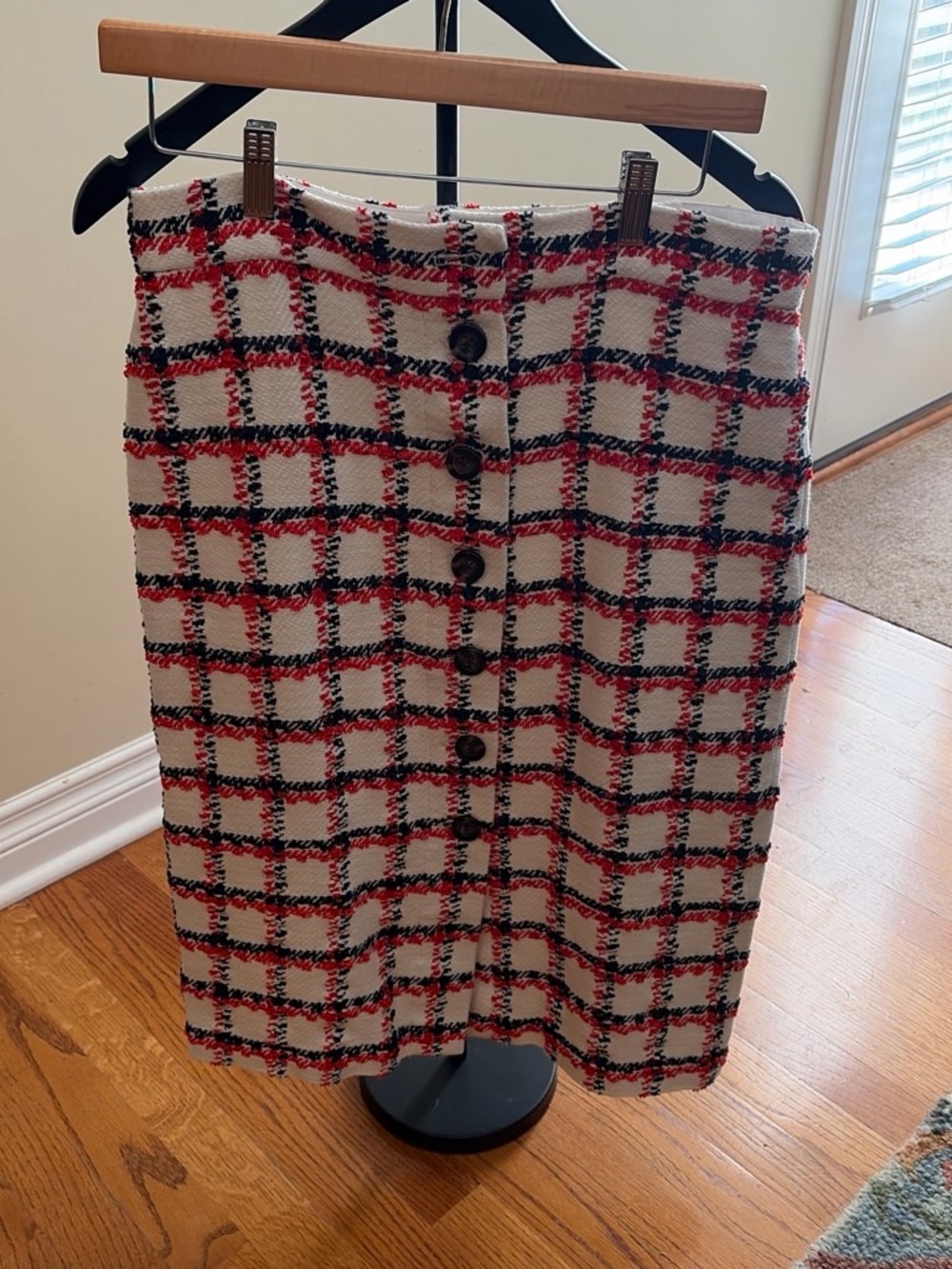 Ann Taylor Cream Pencil Skirt with Red & Black Windowpane